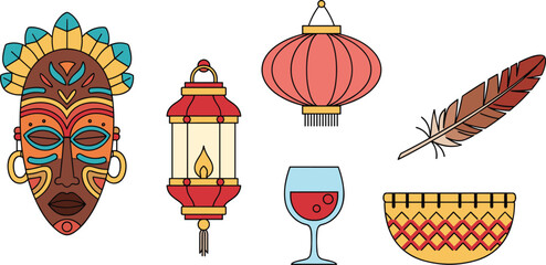 Obraz premium Ethnic Cultural Elements Illustration Set Featuring African Mask, Lantern, Chinese Lantern, Feather, Bowl, and Wine Glass for Traditional and Heritage Designs
