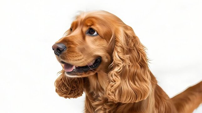 Close-up of Cocker Spaniel dog and a happy expression, sitting against a white background