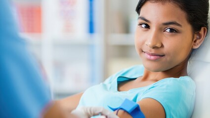 Young blood donor receiving donation in a bright clinic for World Blood Donor Day