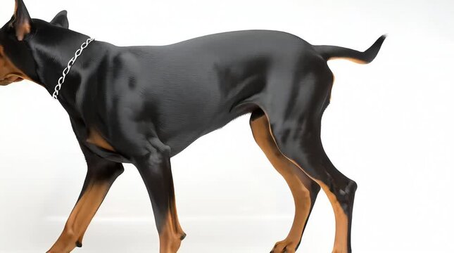 Doberman Pinscher dog is doing his leisurely activities, against a white background