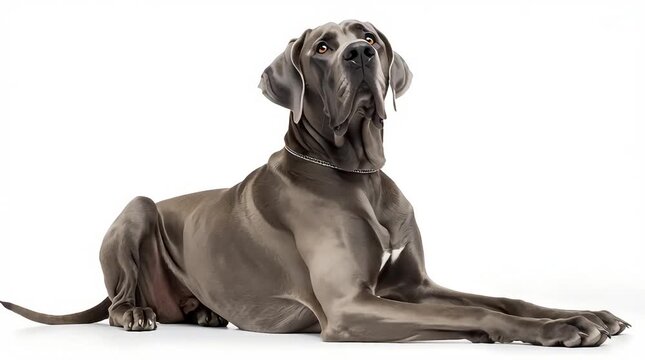 Great Dane dog is doing his leisurely activities, against a white background