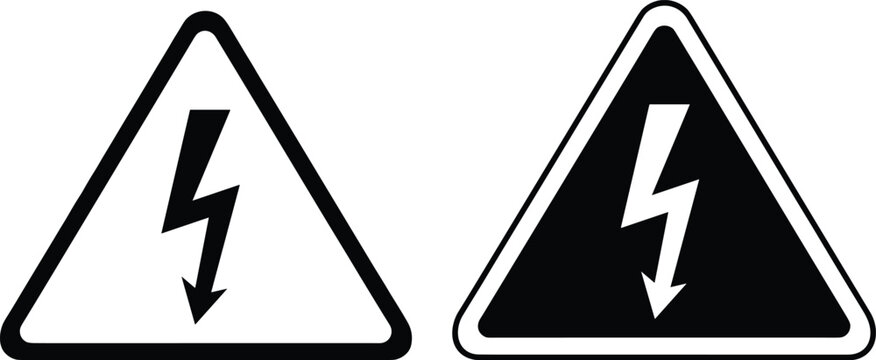 Electric hazard warning triangle signs with lightning bolt symbols in outline and solid styles, representing high voltage danger, safety caution, and industrial risk on clean background
