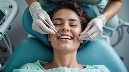 Fototapeta premium Young woman opening mouth during dental examination at modern dentist clinic