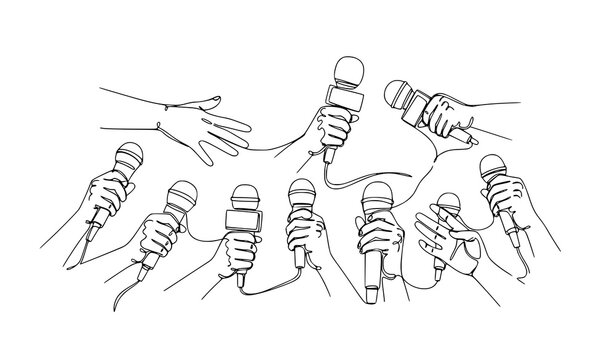 A minimalist line art illustration of multiple hands holding microphones