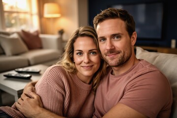 Fototapeta premium Happy couple cuddling on sofa watching TV together in cozy living room