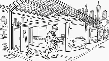 Fototapeta premium Coloring page for children - a technician in a reflective vest is charging an electric bus at a city charging station with skyscrapers