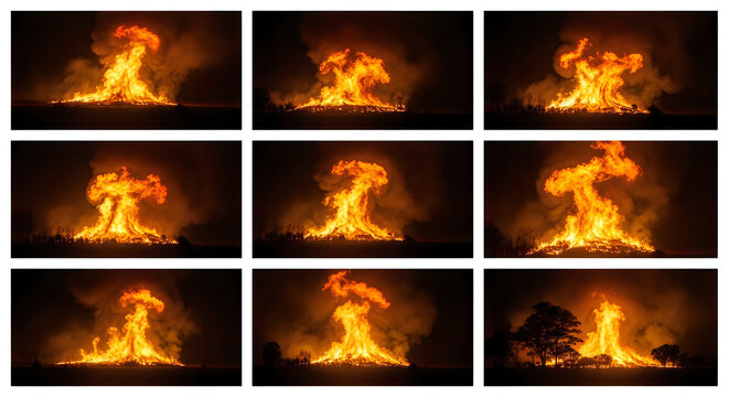 A blazing inferno of red and orange fire flames flickers against a black background, capturing the intense heat and energy of an abstract burning bonfire ignite in the dark