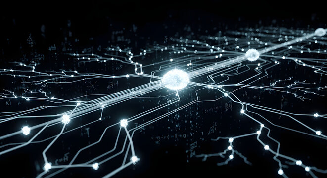 A 3D concept illustration of glowing data fiber networks connecting to energy nodes and faint mathematical formulas. It represents artificial intelligence, neural networks, and data transmission in qu