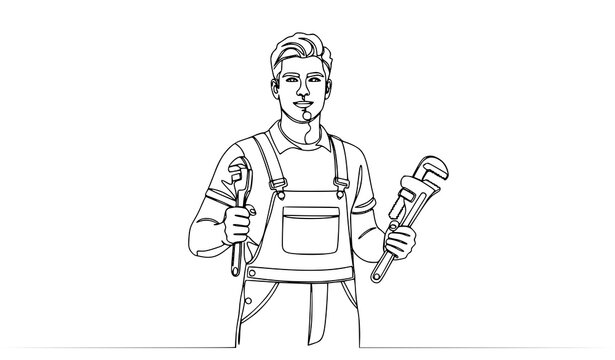 A line art illustration of a plumber holding tools in a minimalist style