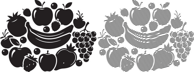 Fototapeta premium Vintage illustration of fruits arranged in stylized patterns and baskets