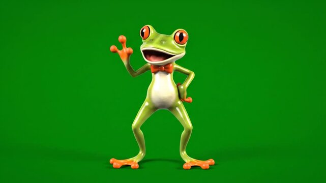 Cute 3d cartoon frog with bow tie dancing on green screen background with playful animation and joyful movements