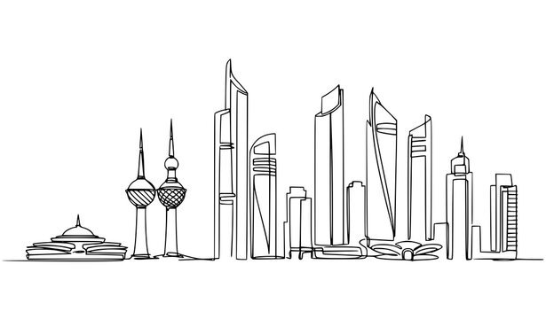 A minimalist line art illustration of a city skyline with modern skyscrapers
