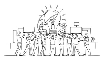 A minimalist line art illustration of a team working together to build a lightbulb © MdMursalin