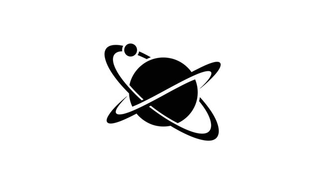 Black silhouette of a planet with rings and a moon on a white background.