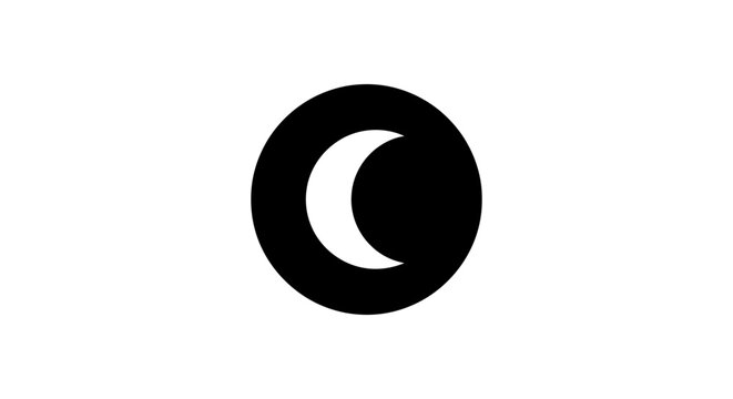 Simple black and white graphic of a crescent moon shape in a circle on a white background