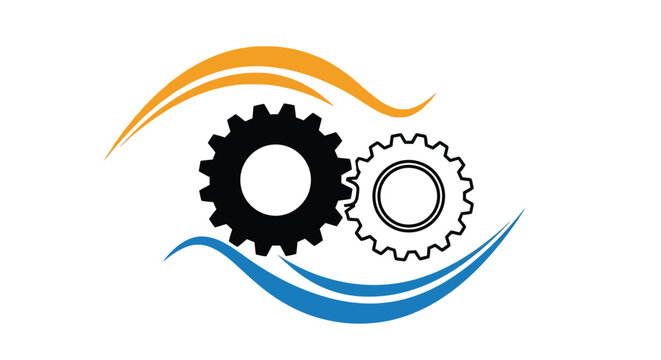 Abstract logo featuring gears waves and swooshes in black orange and blue