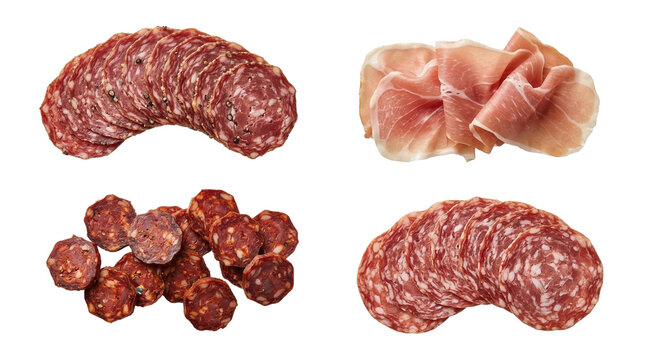 Salami, prosciutto, and chorizo slices on white background