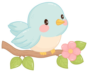 Fototapeta premium Cute Blue Bird on Branch with Flower Cartoon Illustration