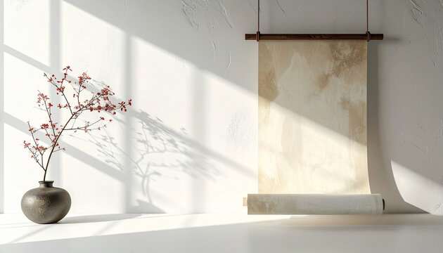 和モダンなインテリア空間 自然光が差し込む白い壁と掛け軸モックアップ2