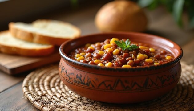 Hearty stew cachupa with beans and corn, served in rustic bowl with bread side. Traditional Cape Verdean food, savory meal with tomatoes, vegetables, and herbs.