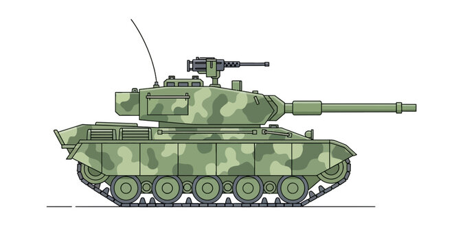 Side view of a cartoon tank with camo pattern, a large cannon, machine gun, and tracks