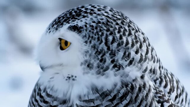 Snowy owl with striking yellow eyes gazes directly at the camera, then closes its eyes, finally turning its head to the side against a soft, snowy background