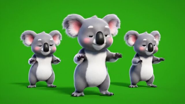 Cute cartoon koalas dance happily together on green screen background, animated characters performing cheerful choreography, playful animals moving in sync, children's animation clip, vibrant motion