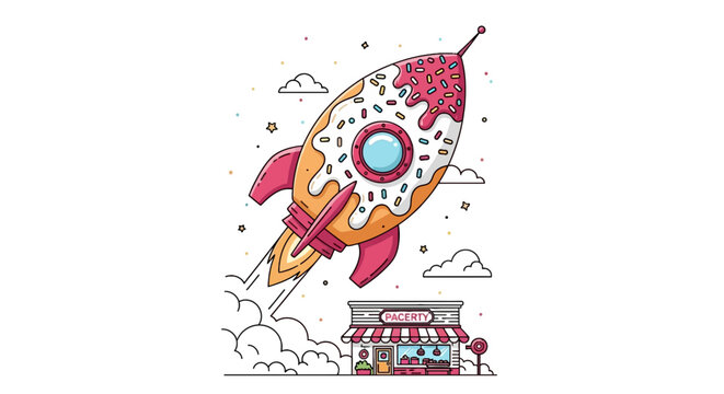 A dessert-themed rocket blasts off above a shop, surrounded by stars and clouds