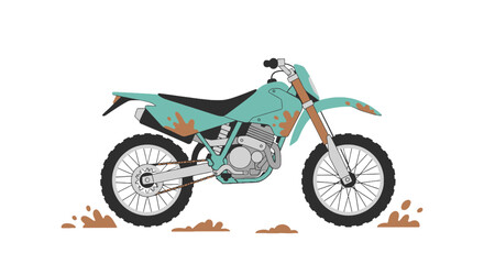 Fototapeta premium A teal and black off-road motorcycle with mud splatter, isolated on a white background