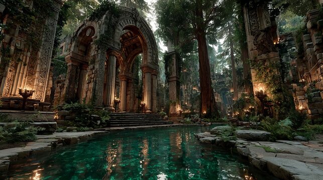 Ancient stone ruins surround a still pool in a mystical, green-lit forest. Lush foliage and columns prevail