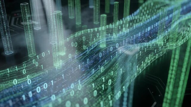 Firefly glowing in a digital realm with flowing binary code and futuristic light streams