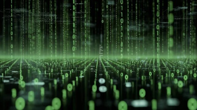 Futuristic digital landscape with streams of green binary code, glowing firefly and cyber data animation