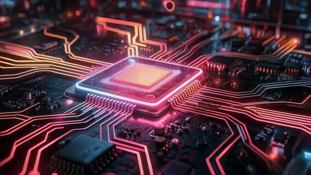 Firefly glowing in a futuristic world with vibrant circuits and intricate digital patterns