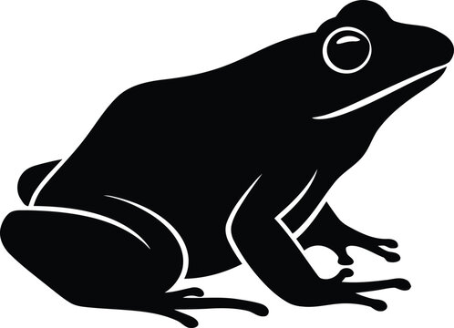 A black silhouette illustration of a frog sitting on a surface