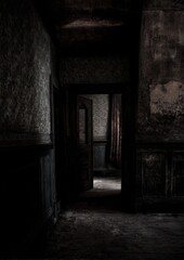 Obraz premium Atmospheric shot of a dark, decaying corridor, leading to a doorway, ominous tones and texture