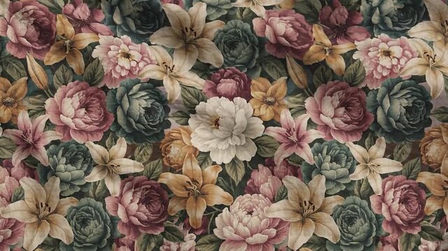 A vibrant and detailed floral pattern with various blooming flowers