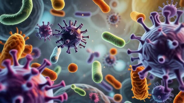 Firefly glowing in vibrant microscopic world with colorful bacteria and viruses animation