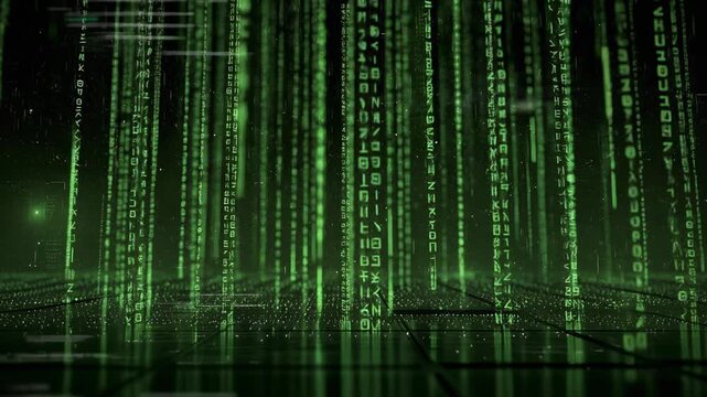 Firefly glowing in digital code environment immersive technology background green light animation