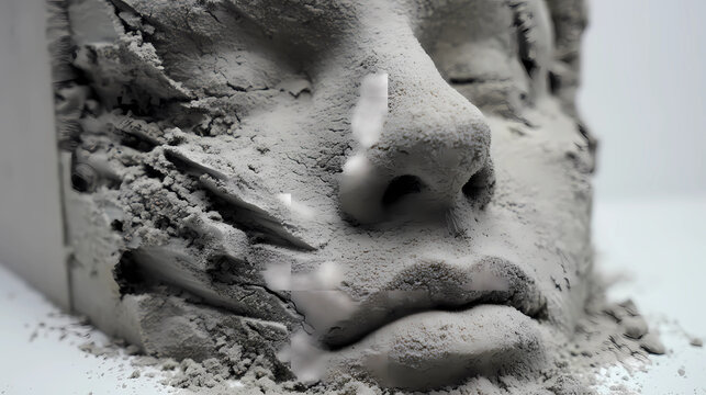 Device prototype made of 3D printed sand and bio binders with rough gritty texture face hidden, Generative AI illustrations.