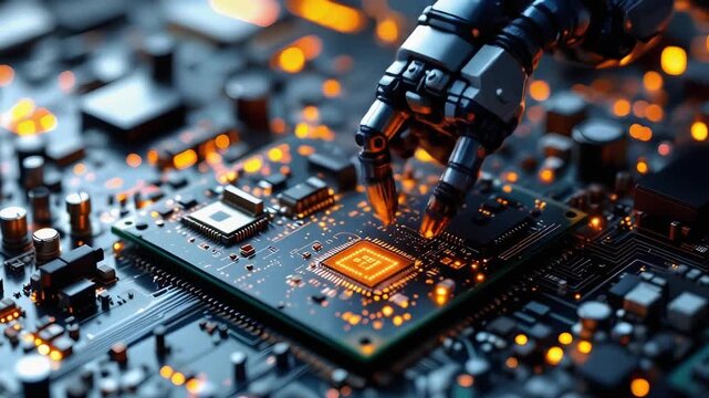 Robotic arm assembling microchips on circuit boards. Close-up macro view highlighting precision, metallic reflections, and high-tech manufacturing in a semi-realistic scene.
