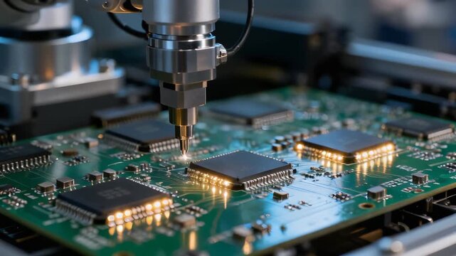 Robotic arm assembling microchips on circuit boards. Close-up macro view highlighting precision, metallic reflections, and high-tech manufacturing in a semi-realistic scene.
