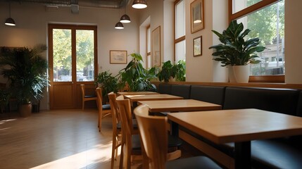 Fototapeta premium Interior of a bright modern cafe with wooden tables chairs and lush green plants bathed in sunlight with no people present