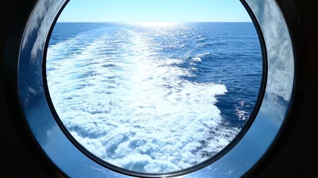 View of the ocean wake from a round window on a sunny day