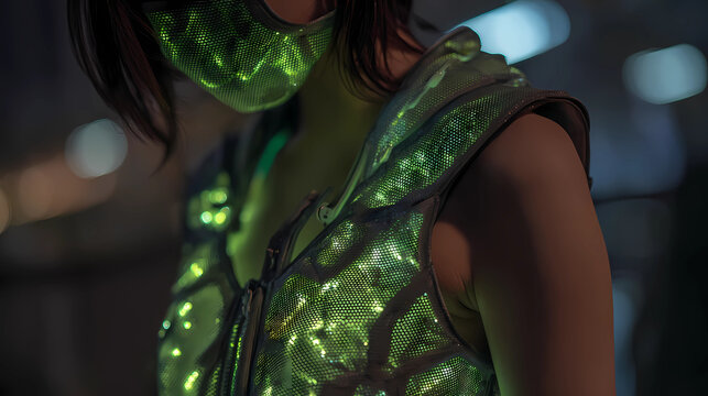 Person wearing high tech vest made of smart glowing fabric with visible weave face hidden, Generative AI illustrations.