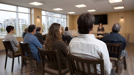 Fototapeta premium Adults attentively listening to a presentation in a bright conference room from a rear perspective