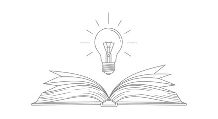 Illuminated light bulb hovering over an open book symbolizes a brilliant new idea or profound knowledge gained from reading.