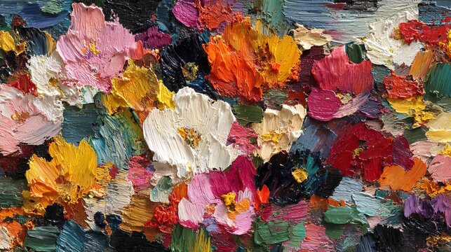 Close-up of vibrant, textured oil painting, showcasing a profusion of colorful flowers with thick brushstrokes