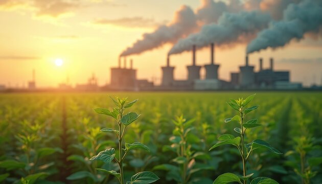 Green plants grow in field. Factory smokestacks emit smoke into sky at sunset. Nature faces industrial pollution and climate change challenges.