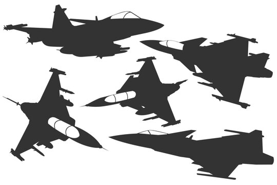 Pack silhouette jas 39 gripen fighter jet design from various view. Set vector illustrations swedish military aircraft in black and white color. Bundle monochrome drawing advanced multirole combat.