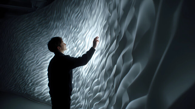 Person interacting with touch sensitive textile wall controlling home lighting, Generative AI illustrations.